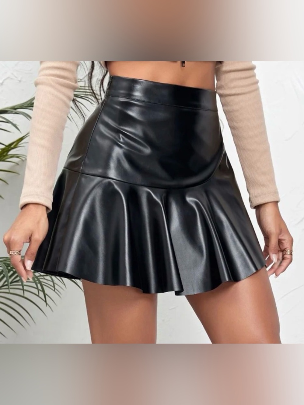 NWT NiMin Black Faux Leather Mini Skort Ruffled Faux Wrap Size Small